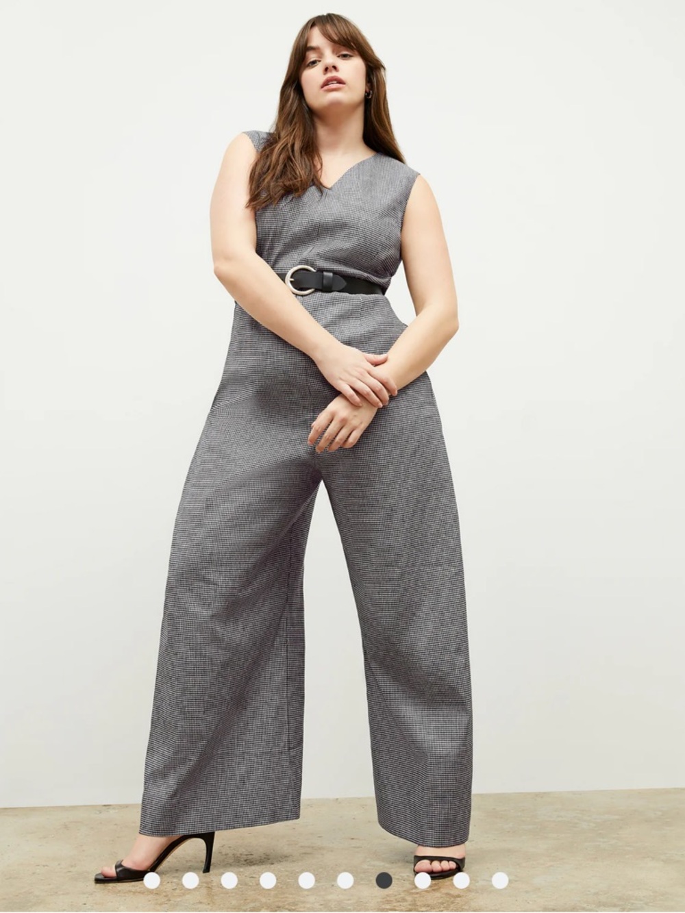 MM Lafleur Tailored V-Neck Wide-Leg Jumpsuit in Gingham linen black/white sz 16